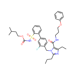 CCCc1nc(CC)c(C(=O)NCCCOc2ccccc2)n1Cc1ccc(-c2ccccc2S(=O)(=O)NC(=O)OCCC(C)C)cc1F ZINC000026291082