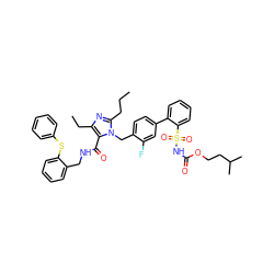 CCCc1nc(CC)c(C(=O)NCc2ccccc2Sc2ccccc2)n1Cc1ccc(-c2ccccc2S(=O)(=O)NC(=O)OCCC(C)C)cc1F ZINC000095610175