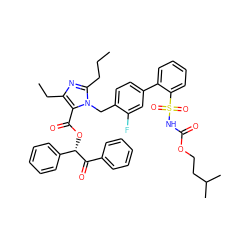 CCCc1nc(CC)c(C(=O)O[C@H](C(=O)c2ccccc2)c2ccccc2)n1Cc1ccc(-c2ccccc2S(=O)(=O)NC(=O)OCCC(C)C)cc1F ZINC000095541906