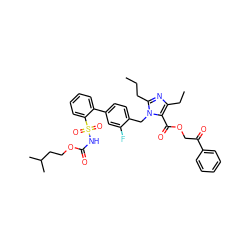 CCCc1nc(CC)c(C(=O)OCC(=O)c2ccccc2)n1Cc1ccc(-c2ccccc2S(=O)(=O)NC(=O)OCCC(C)C)cc1F ZINC000026287005