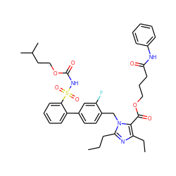 CCCc1nc(CC)c(C(=O)OCCCC(=O)Nc2ccccc2)n1Cc1ccc(-c2ccccc2S(=O)(=O)NC(=O)OCCC(C)C)cc1F ZINC000026286173