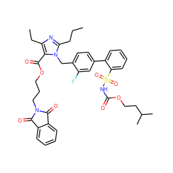 CCCc1nc(CC)c(C(=O)OCCCN2C(=O)c3ccccc3C2=O)n1Cc1ccc(-c2ccccc2S(=O)(=O)NC(=O)OCCC(C)C)cc1F ZINC000095539661