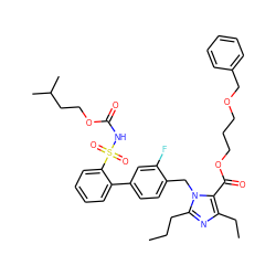 CCCc1nc(CC)c(C(=O)OCCCOCc2ccccc2)n1Cc1ccc(-c2ccccc2S(=O)(=O)NC(=O)OCCC(C)C)cc1F ZINC000026296984