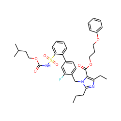 CCCc1nc(CC)c(C(=O)OCCCOc2ccccc2)n1Cc1ccc(-c2ccccc2S(=O)(=O)NC(=O)OCCC(C)C)cc1F ZINC000026296103