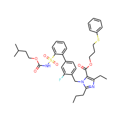 CCCc1nc(CC)c(C(=O)OCCCSc2ccccc2)n1Cc1ccc(-c2ccccc2S(=O)(=O)NC(=O)OCCC(C)C)cc1F ZINC000026286999