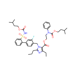 CCCc1nc(CC)c(C(=O)OCCN(C(=O)OCCC(C)C)c2ccccc2)n1Cc1ccc(-c2ccccc2S(=O)(=O)NC(=O)OCCC(C)C)cc1F ZINC000095610014