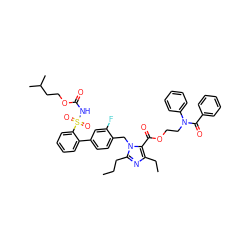 CCCc1nc(CC)c(C(=O)OCCN(C(=O)c2ccccc2)c2ccccc2)n1Cc1ccc(-c2ccccc2S(=O)(=O)NC(=O)OCCC(C)C)cc1F ZINC000095610145