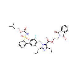 CCCc1nc(CC)c(C(=O)OCCN2C(=O)c3ccccc3C2=O)n1Cc1ccc(-c2ccccc2S(=O)(=O)NC(=O)OCCC(C)C)cc1F ZINC000026377246