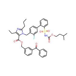 CCCc1nc(CC)c(C(=O)OCc2cccc(C(=O)c3ccccc3)c2)n1Cc1ccc(-c2ccccc2S(=O)(=O)NC(=O)OCCC(C)C)cc1F ZINC000095539679