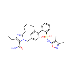 CCCc1nc(CC)c(C(N)=O)n1Cc1ccc(-c2ccccc2S(=O)(=O)Nc2onc(C)c2C)c(CC)c1 ZINC000036238176