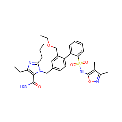 CCCc1nc(CC)c(C(N)=O)n1Cc1ccc(-c2ccccc2S(=O)(=O)Nc2onc(C)c2C)c(COCC)c1 ZINC000036238175