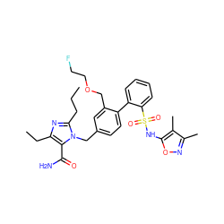 CCCc1nc(CC)c(C(N)=O)n1Cc1ccc(-c2ccccc2S(=O)(=O)Nc2onc(C)c2C)c(COCCF)c1 ZINC000036238166