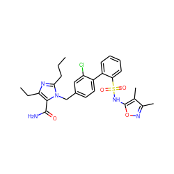 CCCc1nc(CC)c(C(N)=O)n1Cc1ccc(-c2ccccc2S(=O)(=O)Nc2onc(C)c2C)c(Cl)c1 ZINC000036238178