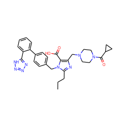 CCCc1nc(CN2CCN(C(=O)C3CC3)CC2)c(C(=O)O)n1Cc1ccc(-c2ccccc2-c2nnn[nH]2)cc1 ZINC000026379734