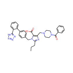 CCCc1nc(CN2CCN(C(=O)c3ccccc3)CC2)c(C(=O)O)n1Cc1ccc(-c2ccccc2-c2nnn[nH]2)cc1 ZINC000026294312