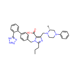 CCCc1nc(CN2CCN(c3ccccc3)C[C@H]2C)c(C(=O)O)n1Cc1ccc(-c2ccccc2-c2nnn[nH]2)cc1 ZINC000026376271