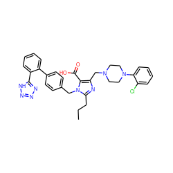 CCCc1nc(CN2CCN(c3ccccc3Cl)CC2)c(C(=O)O)n1Cc1ccc(-c2ccccc2-c2nnn[nH]2)cc1 ZINC000026375699