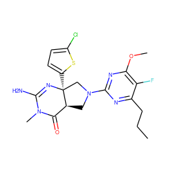 CCCc1nc(N2C[C@H]3C(=O)N(C)C(N)=N[C@@]3(c3ccc(Cl)s3)C2)nc(OC)c1F ZINC000140619511