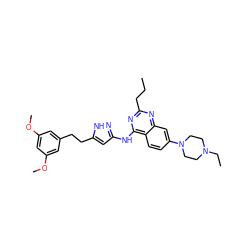 CCCc1nc(Nc2cc(CCc3cc(OC)cc(OC)c3)[nH]n2)c2ccc(N3CCN(CC)CC3)cc2n1 ZINC000653850720