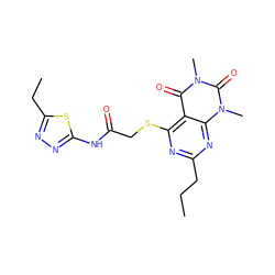 CCCc1nc(SCC(=O)Nc2nnc(CC)s2)c2c(=O)n(C)c(=O)n(C)c2n1 ZINC000011882663