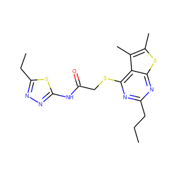 CCCc1nc(SCC(=O)Nc2nnc(CC)s2)c2c(C)c(C)sc2n1 ZINC000004241112