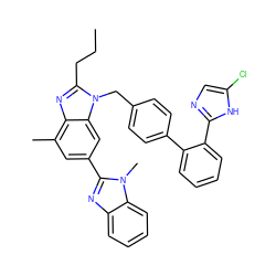 CCCc1nc2c(C)cc(-c3nc4ccccc4n3C)cc2n1Cc1ccc(-c2ccccc2-c2ncc(Cl)[nH]2)cc1 ZINC000042851846