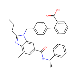 CCCc1nc2c(C)cc(C(=O)N[C@@H](C)c3ccccc3)cc2n1Cc1ccc(-c2ccccc2C(=O)O)cc1 ZINC000653763492