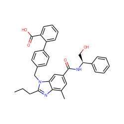 CCCc1nc2c(C)cc(C(=O)N[C@@H](CO)c3ccccc3)cc2n1Cc1ccc(-c2ccccc2C(=O)O)cc1 ZINC000653763501