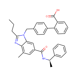 CCCc1nc2c(C)cc(C(=O)N[C@H](C)c3ccccc3)cc2n1Cc1ccc(-c2ccccc2C(=O)O)cc1 ZINC000653763489