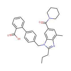 CCCc1nc2c(C)cc(C(=O)N3CCCCC3)cc2n1Cc1ccc(-c2ccccc2C(=O)O)cc1 ZINC000096935326