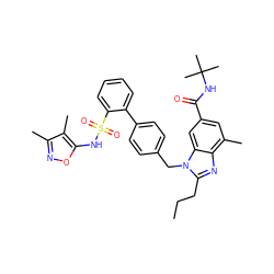 CCCc1nc2c(C)cc(C(=O)NC(C)(C)C)cc2n1Cc1ccc(-c2ccccc2S(=O)(=O)Nc2onc(C)c2C)cc1 ZINC000653778047