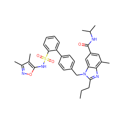 CCCc1nc2c(C)cc(C(=O)NC(C)C)cc2n1Cc1ccc(-c2ccccc2S(=O)(=O)Nc2onc(C)c2C)cc1 ZINC000653751525