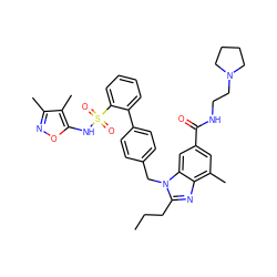 CCCc1nc2c(C)cc(C(=O)NCCN3CCCC3)cc2n1Cc1ccc(-c2ccccc2S(=O)(=O)Nc2onc(C)c2C)cc1 ZINC000653751557