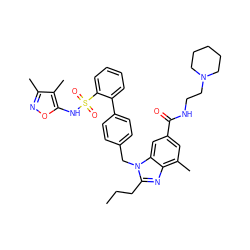 CCCc1nc2c(C)cc(C(=O)NCCN3CCCCC3)cc2n1Cc1ccc(-c2ccccc2S(=O)(=O)Nc2onc(C)c2C)cc1 ZINC000653751516