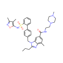 CCCc1nc2c(C)cc(C(=O)NCCN3CCN(C)CC3)cc2n1Cc1ccc(-c2ccccc2S(=O)(=O)Nc2onc(C)c2C)cc1 ZINC000653752995