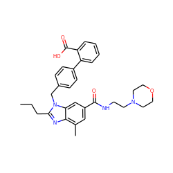 CCCc1nc2c(C)cc(C(=O)NCCN3CCOCC3)cc2n1Cc1ccc(-c2ccccc2C(=O)O)cc1 ZINC000096935312