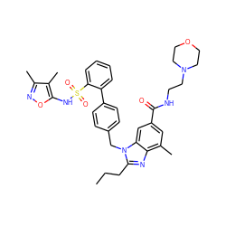 CCCc1nc2c(C)cc(C(=O)NCCN3CCOCC3)cc2n1Cc1ccc(-c2ccccc2S(=O)(=O)Nc2onc(C)c2C)cc1 ZINC000653751565