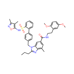 CCCc1nc2c(C)cc(C(=O)NCCc3cc(OC)ccc3OC)cc2n1Cc1ccc(-c2ccccc2S(=O)(=O)Nc2onc(C)c2C)cc1 ZINC000653758649