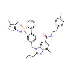 CCCc1nc2c(C)cc(C(=O)NCCc3ccc(F)cc3)cc2n1Cc1ccc(-c2ccccc2S(=O)(=O)Nc2onc(C)c2C)cc1 ZINC000653749437