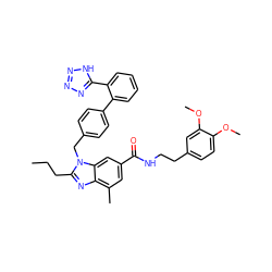 CCCc1nc2c(C)cc(C(=O)NCCc3ccc(OC)c(OC)c3)cc2n1Cc1ccc(-c2ccccc2-c2nnn[nH]2)cc1 ZINC000072316990