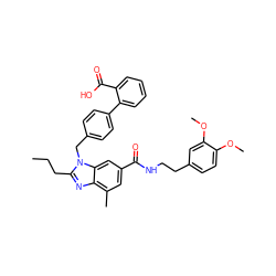 CCCc1nc2c(C)cc(C(=O)NCCc3ccc(OC)c(OC)c3)cc2n1Cc1ccc(-c2ccccc2C(=O)O)cc1 ZINC000073198488