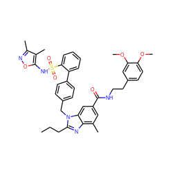 CCCc1nc2c(C)cc(C(=O)NCCc3ccc(OC)c(OC)c3)cc2n1Cc1ccc(-c2ccccc2S(=O)(=O)Nc2onc(C)c2C)cc1 ZINC000653758730