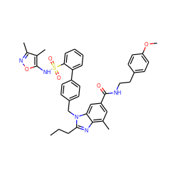 CCCc1nc2c(C)cc(C(=O)NCCc3ccc(OC)cc3)cc2n1Cc1ccc(-c2ccccc2S(=O)(=O)Nc2onc(C)c2C)cc1 ZINC000653757179