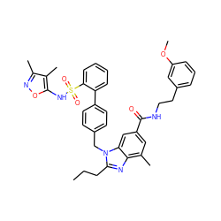 CCCc1nc2c(C)cc(C(=O)NCCc3cccc(OC)c3)cc2n1Cc1ccc(-c2ccccc2S(=O)(=O)Nc2onc(C)c2C)cc1 ZINC000653757174