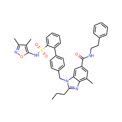 CCCc1nc2c(C)cc(C(=O)NCCc3ccccc3)cc2n1Cc1ccc(-c2ccccc2S(=O)(=O)Nc2onc(C)c2C)cc1 ZINC000653754339