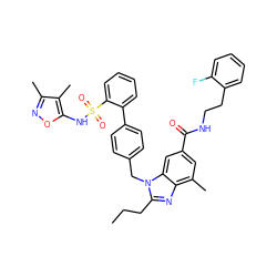 CCCc1nc2c(C)cc(C(=O)NCCc3ccccc3F)cc2n1Cc1ccc(-c2ccccc2S(=O)(=O)Nc2onc(C)c2C)cc1 ZINC000653749319