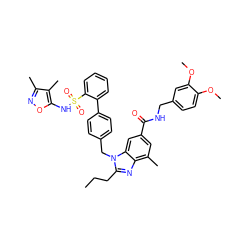 CCCc1nc2c(C)cc(C(=O)NCc3ccc(OC)c(OC)c3)cc2n1Cc1ccc(-c2ccccc2S(=O)(=O)Nc2onc(C)c2C)cc1 ZINC000653754350