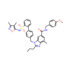 CCCc1nc2c(C)cc(C(=O)NCc3ccc(OC)cc3)cc2n1Cc1ccc(-c2ccccc2S(=O)(=O)Nc2onc(C)c2C)cc1 ZINC000653754337