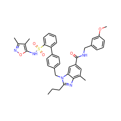 CCCc1nc2c(C)cc(C(=O)NCc3cccc(OC)c3)cc2n1Cc1ccc(-c2ccccc2S(=O)(=O)Nc2onc(C)c2C)cc1 ZINC000653754297