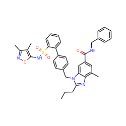 CCCc1nc2c(C)cc(C(=O)NCc3ccccc3)cc2n1Cc1ccc(-c2ccccc2S(=O)(=O)Nc2onc(C)c2C)cc1 ZINC000653753015